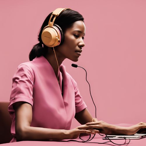 Imagen de una intérprete simultánea con auriculares y micrófono trabajando frente a la computadora