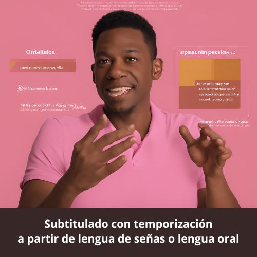 Imagen de una pantalla donde una persona sorda habla en lengua de señas acompañada de un subtítulo